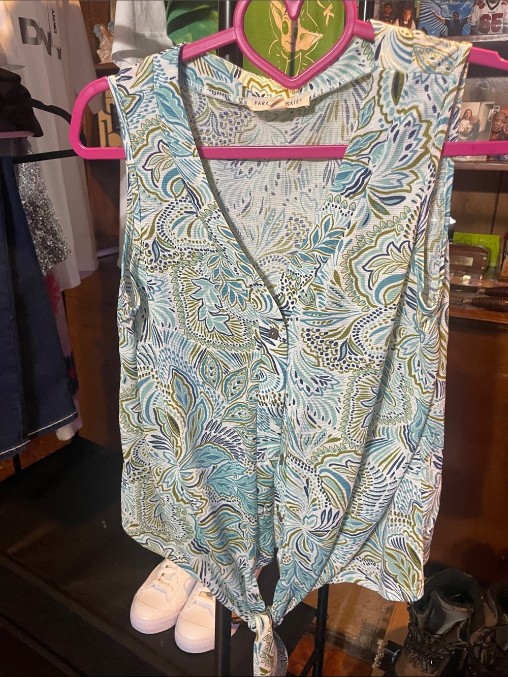 Paisley Tie-Front Sleeveless Tank in Blue-Green by Park Street